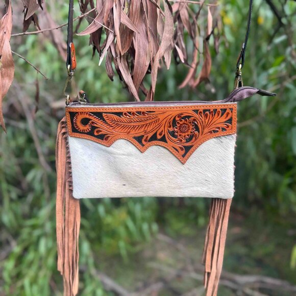 Genuine Leather Hair-on Tooled Bag Women's Western Handbag with Fringes - Picture 1 of 7